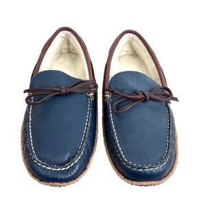 LL Bean Wicked Good Leather Moccasins 8 Sherpa Lined Navy Boat Shoe Fisherman